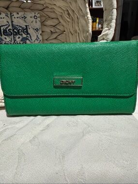DKNY Green Saffiano Leather Clutch with Gold Logo Plaque